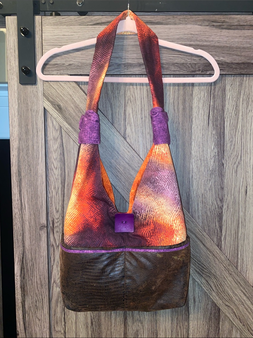 Handmade Artisan Hobo Shoulder Bag Brown Faux Lizard Texture Orange Purple Batik